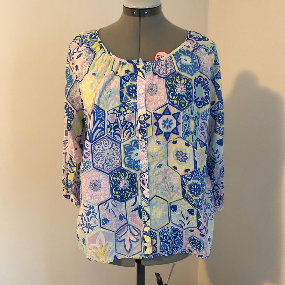 Talbots Petites cotton button top blue floral LP